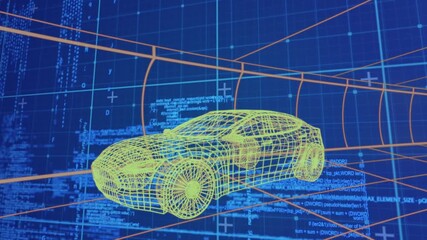 Wall Mural - animation of 3d car drawing driving with data processing over grid