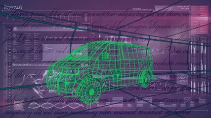 Wall Mural - animation of 3d car drawing driving with data processing over grid