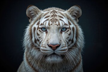Wall Mural - close-up of a beautiful white tiger with bright blue eyes against a black background