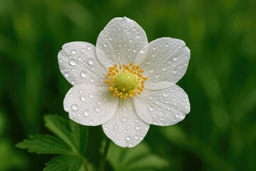 Wall Mural - Dew-covered white blossom with raindrops on petal surfaces amidst nature
