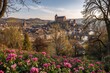 Scenic springtime panorama of historic European town with gardens, classic architecture, castle, bridge, and river