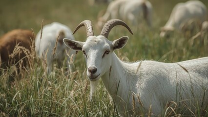 Wall Mural - Close-up of a goat's eyes in a countryside setting