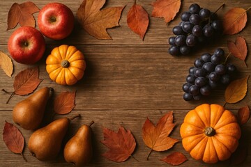 Wall Mural - Antique-style display of seasonal fruits on a wooden backdrop