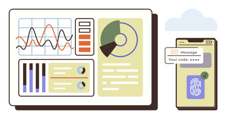 Wall Mural - Dashboard displaying graphs, charts, and data insights paired with smartphone biometric scanning and code verification. Ideal for cybersecurity, analytics, authentication, technology, business, data