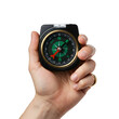 © loc - Close Up of Hand Holding a Classic Black and Gold Compass on Transparent Background for Navigation