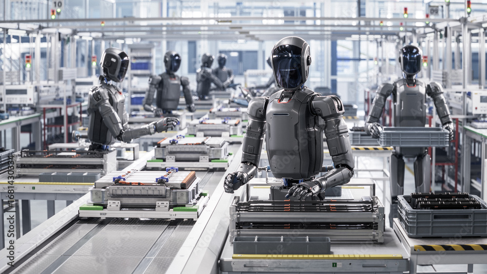 3D Render: Portrait of Advanced Humanoid Robot in Industrial Environemnt. Industrial Automation AI Accelerated: Autonomous AI Powered Humanoid Robots Work at Factory on Assembly Line.