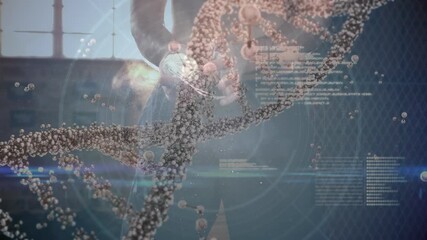 Wall Mural - animation of dna and data processing over midsection of caucasian male athlete