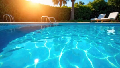 Wall Mural - A sparkling blue swimming pool on a sunny summer day, perfect for a refreshing dip Clear water shimmers under the summer sun, inviting relaxation and fun , outdoor, pool party