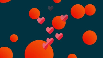 Wall Mural - animation of hearts over red dots on black background