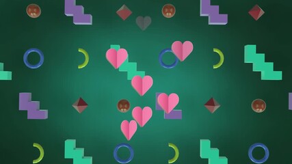 Wall Mural - animation of hearts over colorful shapes on green background