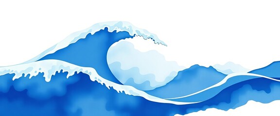 Wall Mural - Subtle blue watercolor waves on white, adorned with minimalist Japanese patterns,  water,  japanese pattern