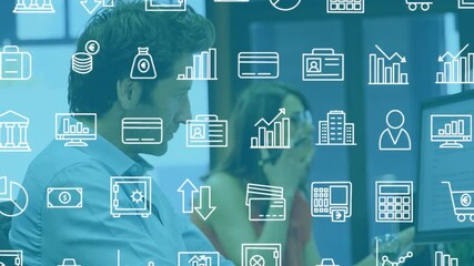 Wall Mural - animation of online icons over diverse business people