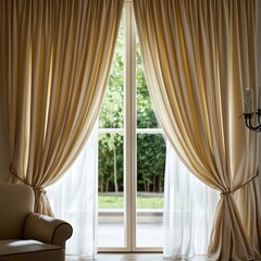 Wall Mural - Elegant Beige Curtains with Garden View