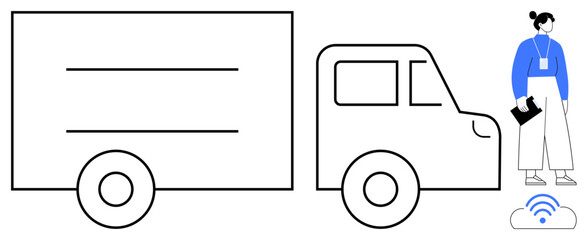 Wall Mural - Delivery truck connected to cloud technology alongside a logistics manager holding a clipboard. Ideal for smart logistics, IoT, transportation, supply chain, fleet management, delivery, storage. A