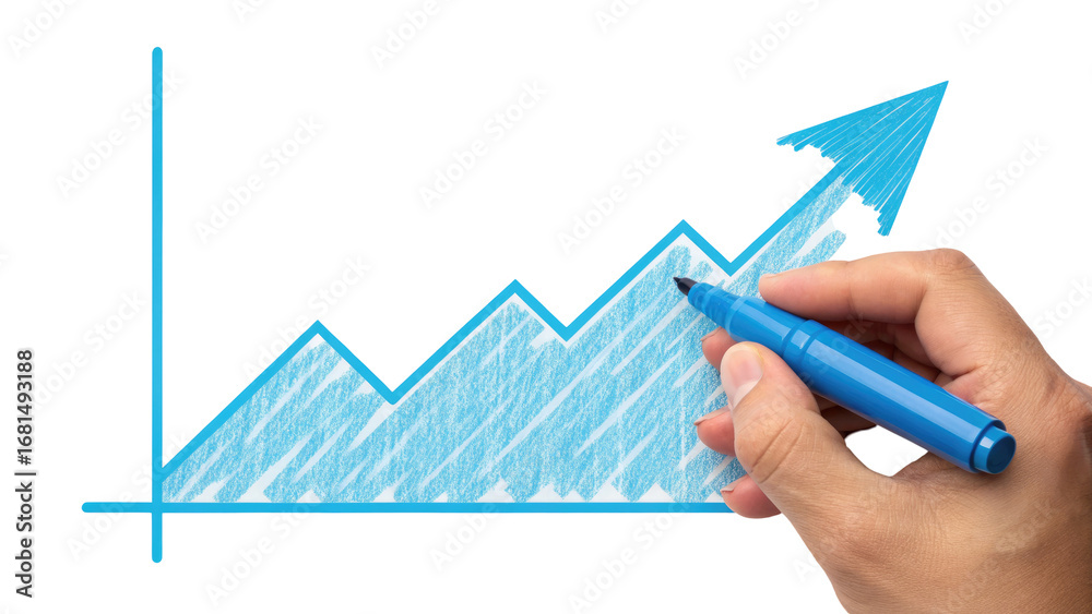 Hand drawing blue growth chart with arrow showing upward trend and ...