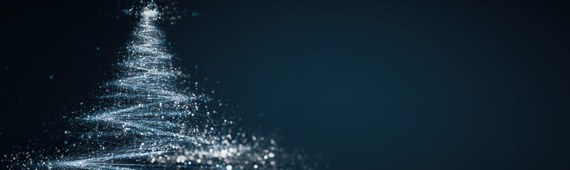 Sparkling abstract Christmas tree made of glittering particles against a dark blue bokeh background; festive digital art.