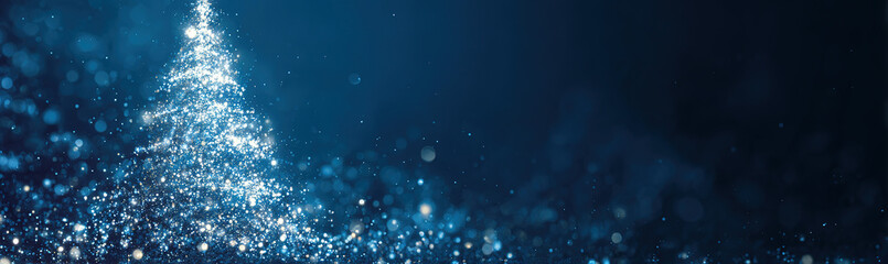 Sparkling abstract Christmas tree made of glittering particles against a dark blue bokeh background; festive digital art.
