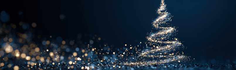 Sparkling abstract Christmas tree made of glittering particles against a dark blue bokeh background; festive digital art.