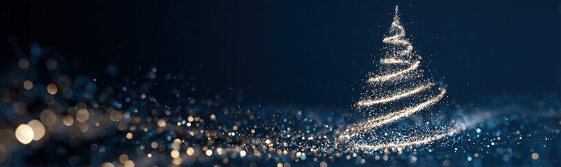 Sparkling abstract Christmas tree made of glittering particles against a dark blue bokeh background; festive digital art.