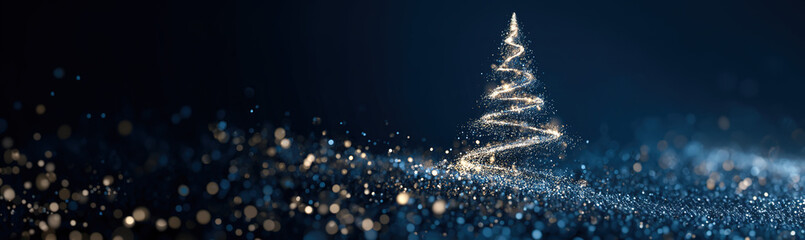 Sparkling abstract Christmas tree made of glittering particles against a dark blue bokeh background; festive digital art.