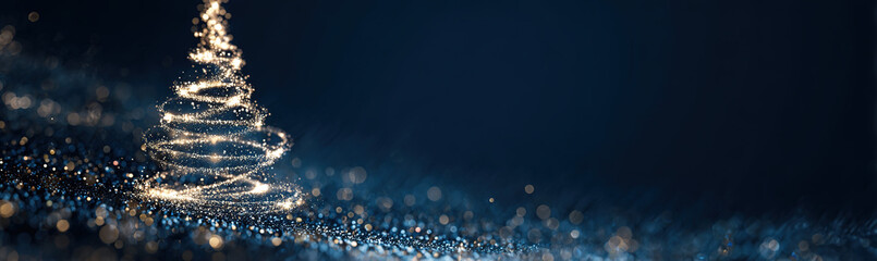 Sparkling abstract Christmas tree made of glittering particles against a dark blue bokeh background; festive digital art.