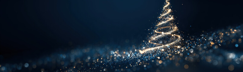 Sparkling abstract Christmas tree made of glittering particles against a dark blue bokeh background; festive digital art.