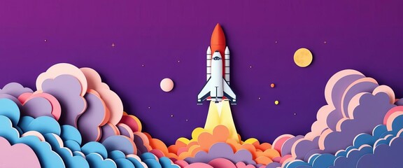 Wall Mural - Paper cut space shuttle launch, vibrant colors, flat style vector illustration,  sunset,  takeoff