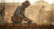 © Novi - A bricklayer in work clothes goggles  red headscarf levels bricks on a wall at a construction site Other workers  materials surround him