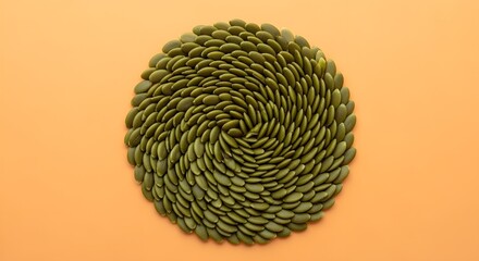 Intricate spiral pattern of green pumpkin seeds on a warm orange background
