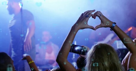 Wall Mural - animation of connections of with icons over hands of diverse people on concert