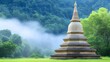 A white pagoda is in the middle of a field