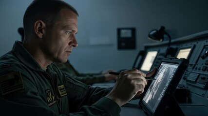 Adult man analyzes map on tablet in control room, using technology for military operations and strategic planning, focused on security.