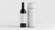 © zniv - A bottle of red wine with a blank white label stands beside a sleek white cylindrical tube container on a light gray background.