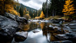 © Fonlinepix - Clear river flowing through a golden forest in a quit mountain landscape.