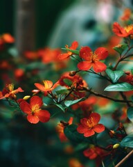 Wall Mural - Close-up of red Fremontodendron californicum flowers blooming on branch, eye-level view, garden setting, natural light