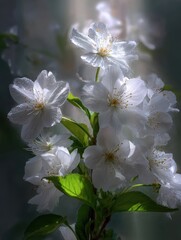 Wall Mural - Close-up of White Cherry Blossoms Blooming on a Branch in Springtime, Soft Focus, Natural Light, Garden Setting