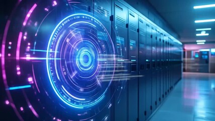 Data Center with Futuristic Digital Interface Overlay
