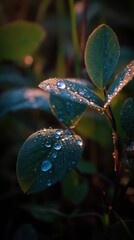 Wall Mural - Dew drops clinging to leaves in a close up shot at dawn with a shallow depth of field in a natural setting