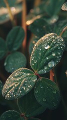 Wall Mural - Dew drops clinging to clover leaves in morning light macro shot nature photography close up view