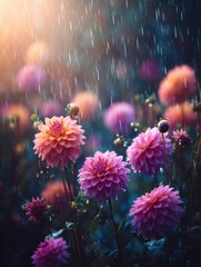 Wall Mural - Floral beauty of pink dahlias in a garden during a rain shower close up view with soft lighting and bokeh