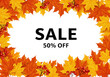 © Morium - Autumn sale with 50 percent off promotion framed by colorful fall leaves and red berries isolated on transparent background