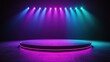 © bayan - A dimly lit stage with vibrant purple and blue lights illuminating a circular platform, creating a dramatic and inviting atmosphere.