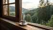 © CreativeEarth - Warm Beverage View: Serene Morning Landscape Seen from Rustic Window with Steaming Cup on Wood Sill.
