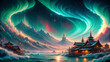A ukiyo e wave scene illuminated by aurora lights in surreal colorful night sky illustration