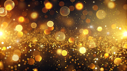 Abstract glowing golden bokeh particles with blurred dreamy background in warm tones