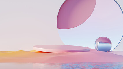 Wall Mural - 3d render, abstract pastel scene with circular platform and glass sphere