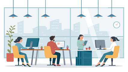 Diverse team of professionals working diligently in a bright, modern open-plan office with city views, emphasizing collaboration and productivity.