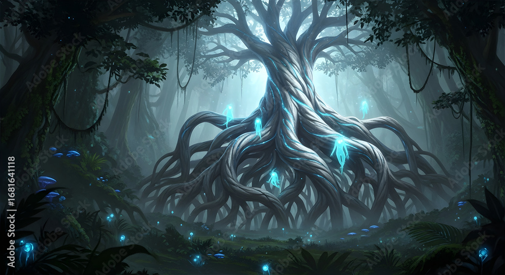 Ilustración de Stock Enchanted ancient tree with glowing roots and ...