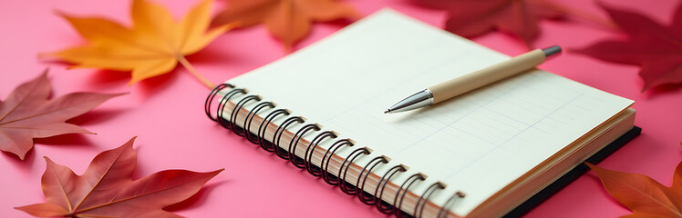 Wall Mural - worn spiral notebook resting bright pink desk surrounded vibrant orange crimson hues fallen autumn leaves