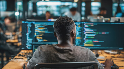 Software developer programming on multiple monitors with blue code display in modern office environment
